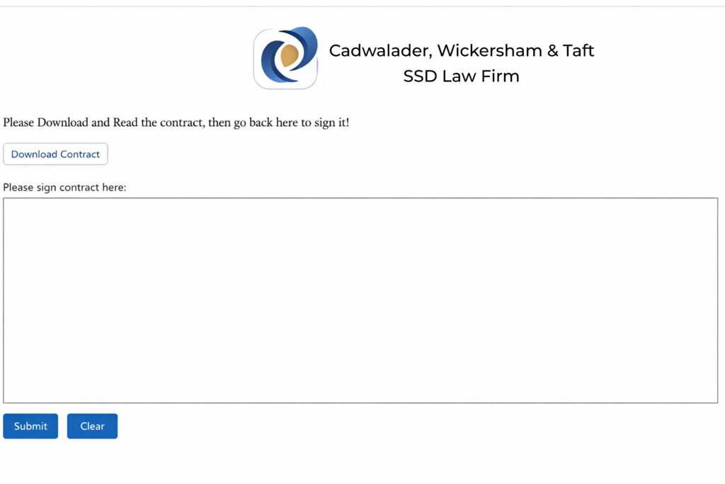 A web page displaying a Centerville Software Solutions logo and a contract signing form with buttons.